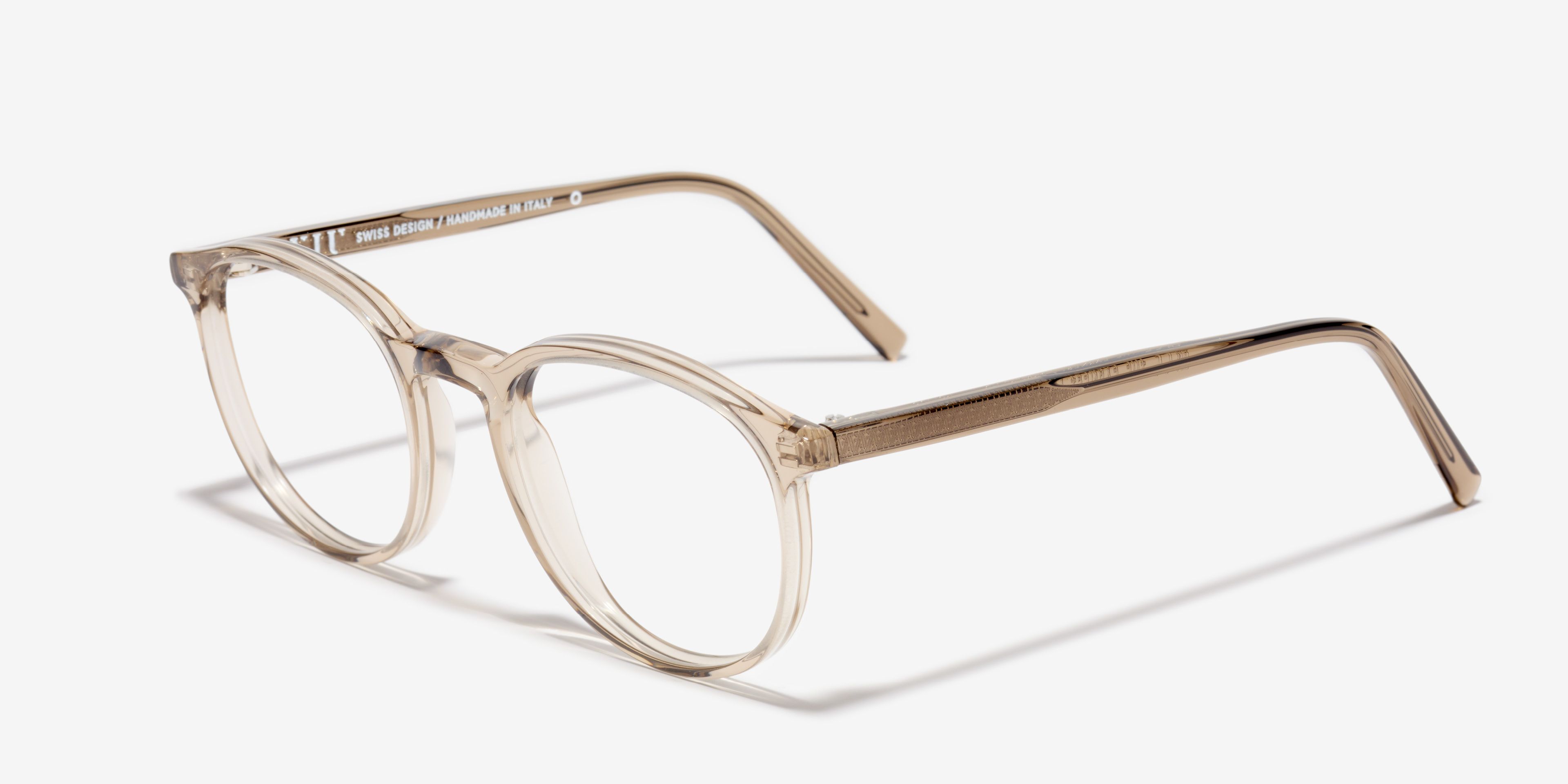 Schräg-Bild der Brille The Earnest in Farbe Stone Grey Transparent und Grösse Mittel